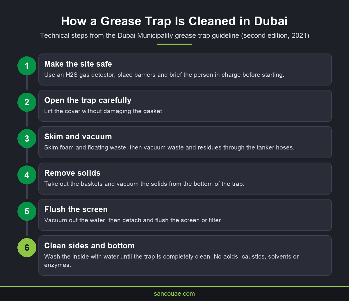 Infographic of the grease trap cleaning steps set by the Dubai Municipality guideline