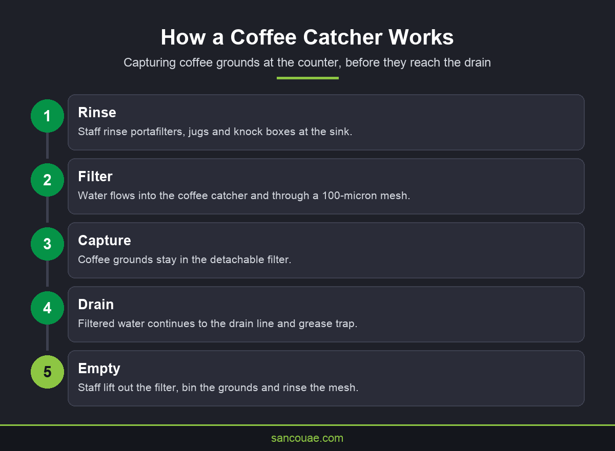 Infographic showing how a coffee catcher captures coffee grounds before they reach the drain