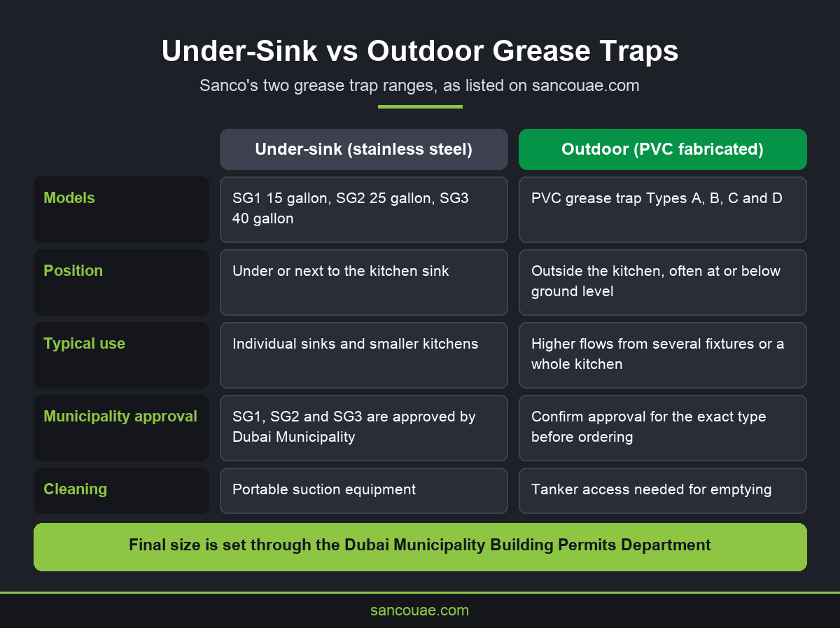 Infographic comparing under-sink stainless steel and outdoor PVC grease trap installation options in Dubai