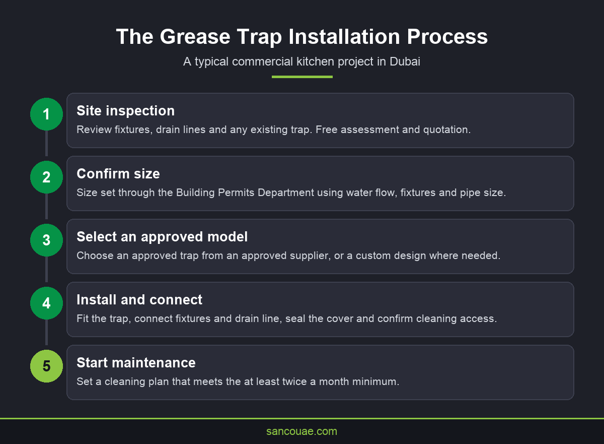 Infographic of the five steps in a commercial grease trap installation in Dubai