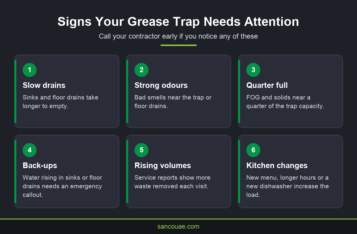 Infographic listing warning signs that a restaurant grease trap needs cleaning